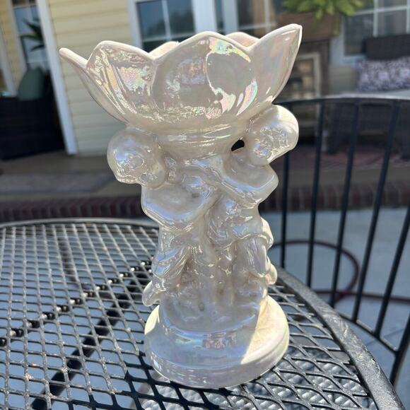 Mother of pearl figurine soap dish 2 cherubs 1970's Vtg Luster finish Tulip - Picture 6 of 10